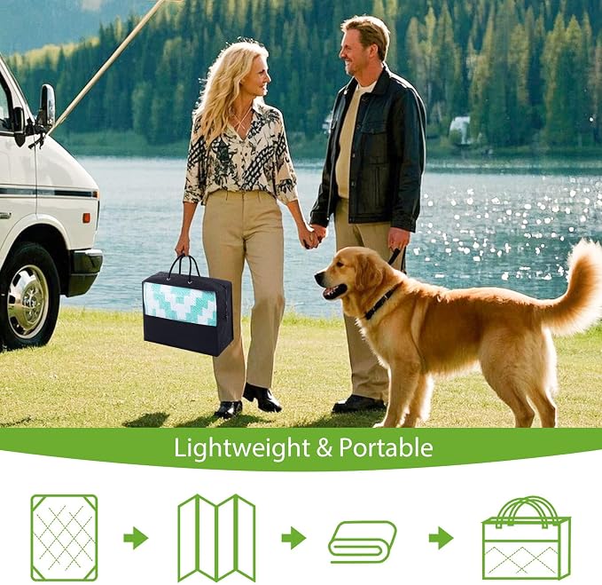 Smiry Waterproof Outdoor Rug 4x6 ft, Reversible Plastic Straw Patio Camping Rugs, Outdoor Indoor RV Mat Carpet for Patio, Outside Entry, Backyard, Deck, Bench, Picnic, Camper, White & Teal