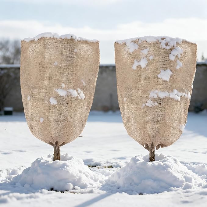ANPHSIN Burlap Plant Covers Freeze Protection for Patio Winterizing - 2pcs 32"×40" Winter Frost Protector with Drawstring, Reusable Tree Freeze Blanket for Garden Bushes