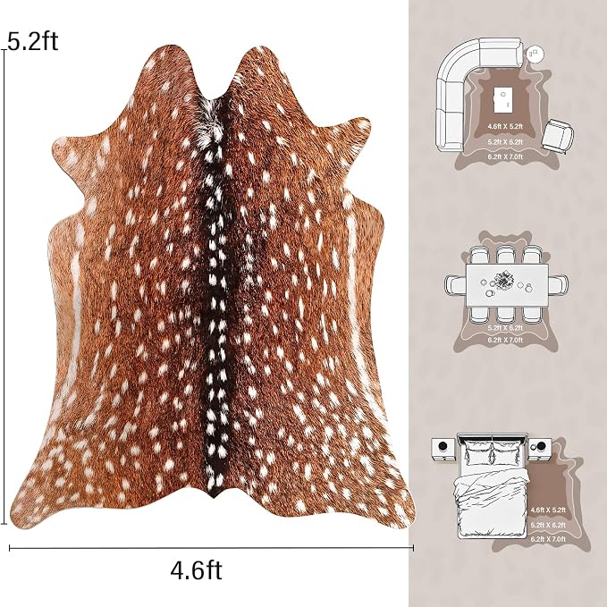 AROGAN Premium Deer Print Rug, Faux Animal Hide Rugs, Non-Slip 4.6x5.2 Ft | Machine Washable Animal Print Hide Leopard Skin Area Rug for Bedroom Living Room Home Decor Pet Friendly