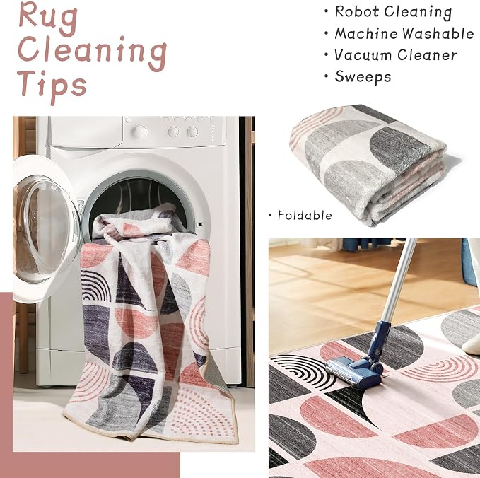 Round Rug 4ft Small Circle Area Rug Washable Non Slip Modern Abstract | Circular Rugs for Entryway Bedroom Kitchen Boho Throw Carpet Soft Low Pile Floor Indoor Bohemian Pink and Grey