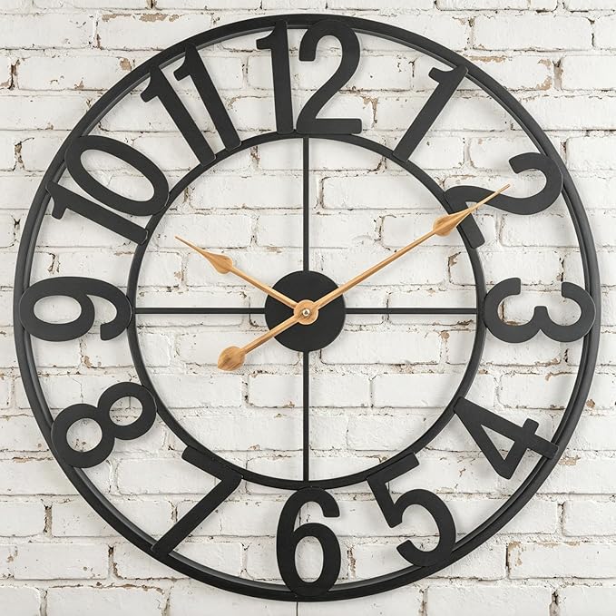 Outdoor Clock for Patio Waterproof, 18 Inch Large Outdoor Wall Clocks Battery Operated, Silent Non-Ticking Metal Garden Clock for Pool, Porch, Backyard, Fence – Black Vintage Farmhouse Decor