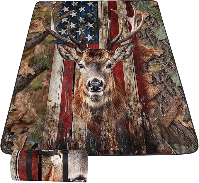 Outdoor Picnic Blanket,Portable Sandproof Waterproof Picnic Mat,American Flag Deer Printed Camping Beach Mat for Sand and Wet Grass Hiking (Deer L)