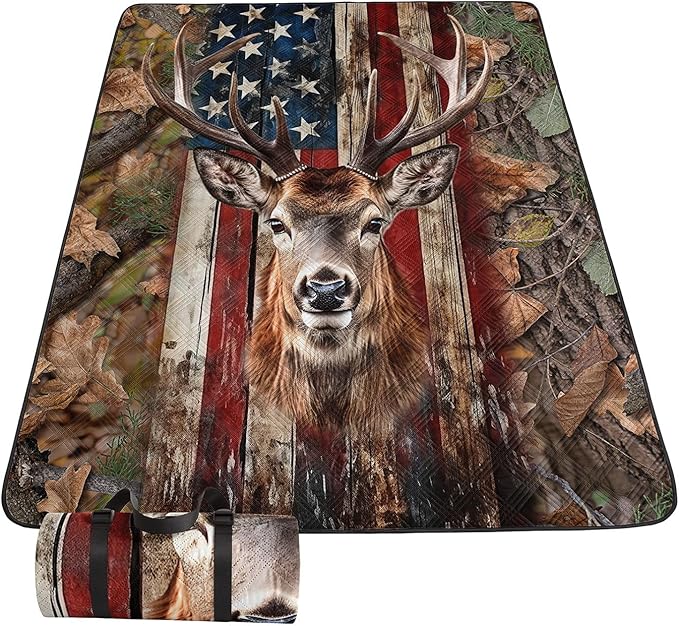 Outdoor Picnic Blanket,Portable Sandproof Waterproof Picnic Mat,American Flag Deer Printed Camping Beach Mat for Sand and Wet Grass Hiking (Deer S)