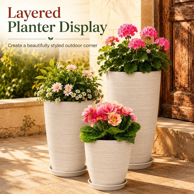 Neoaider Set of 3 Tall Planter, 24/21/12in Large Plastic Planter, OatColor | Ceramic-Look, Lightweight, Built-in Drain Hole, Saucers, Tall Outdoor Planter for Porch, Garden, Patio, Balcony