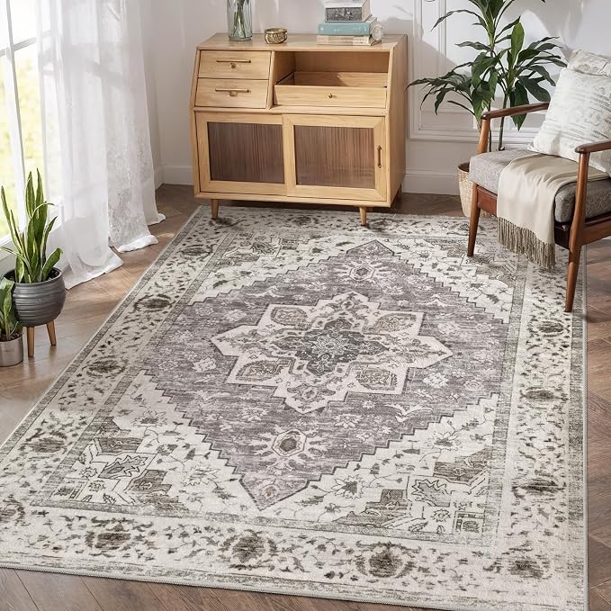 SERISSA 3x5 Washable Non Slip Boho Area Rug for Bedroom，Earth Tone | Ultra Soft Vintage Oriental Carpet Low-Pile Distressed Tribal Throw Rug Carpet for Living Room Nursery Kitchen Dorm Decor