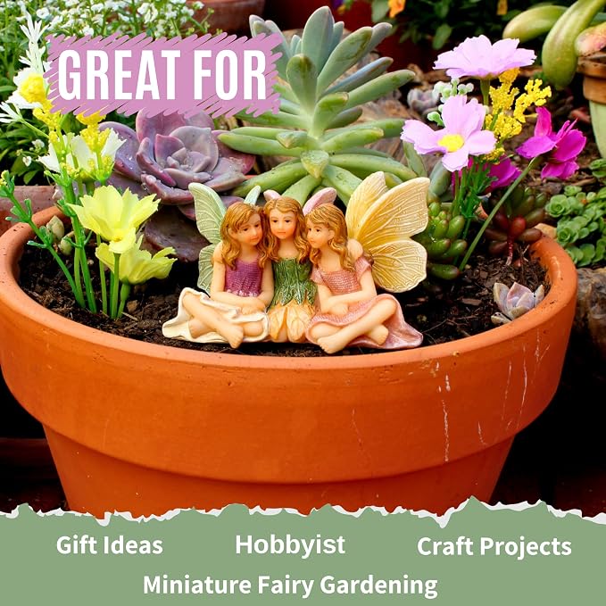 PRETMANNS Fairies for Fairy Garden Accessories Outdoor Indoor Miniature Garden Figurines Hand-Painted Resin Fairy Figures Set 3 Sitting Sisters Fairy Buddies | Hand-Painted Resin Figurines, Outdoor or Indoor Miniature Garden Accessories