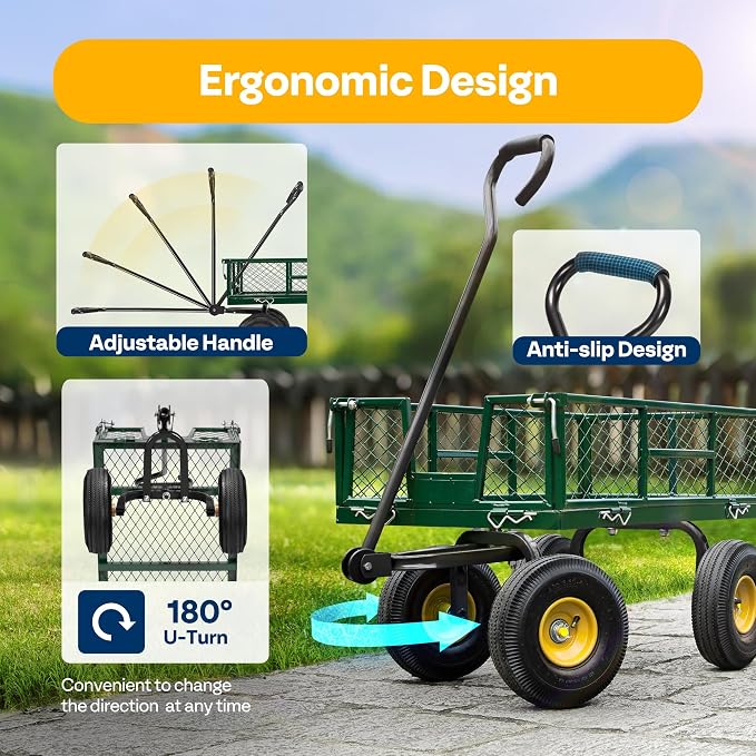VIVOHOME Heavy Duty 880 Lbs 4.5 Cu Ft Mesh Steel Garden Cart Utility Wagon | Removable Sides and 4.10/3.50-4" Wheels 10 inch Tire(Green)