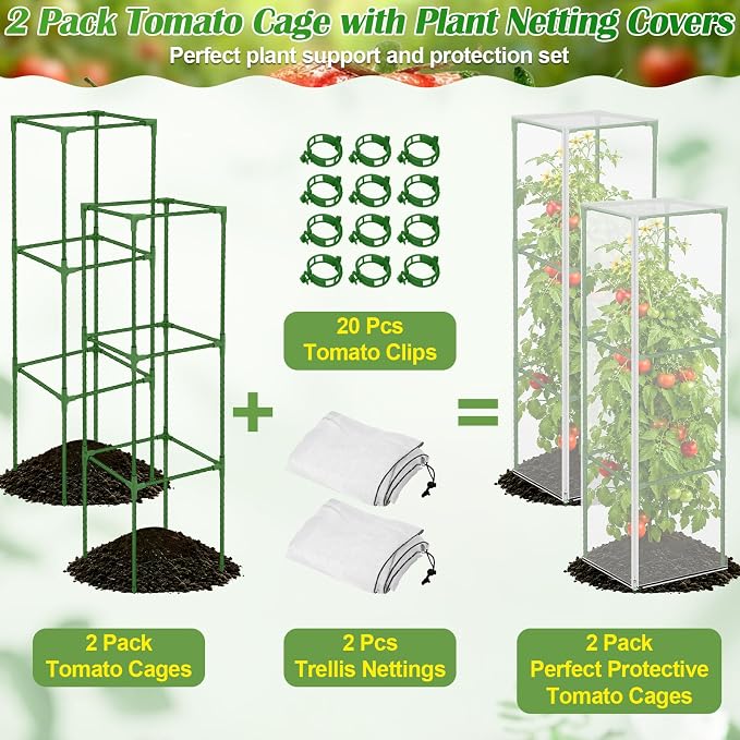 ROADPLUM 2 Pack Square Tomato Cages with 2 Plant Covers, 48" Heavy Duty Adjustable Tomato Cage for Garden, Plastic Coated Steel Pipe Stakes Trellis Plant Cages for Vegetable, Fruit, Climbing Plants