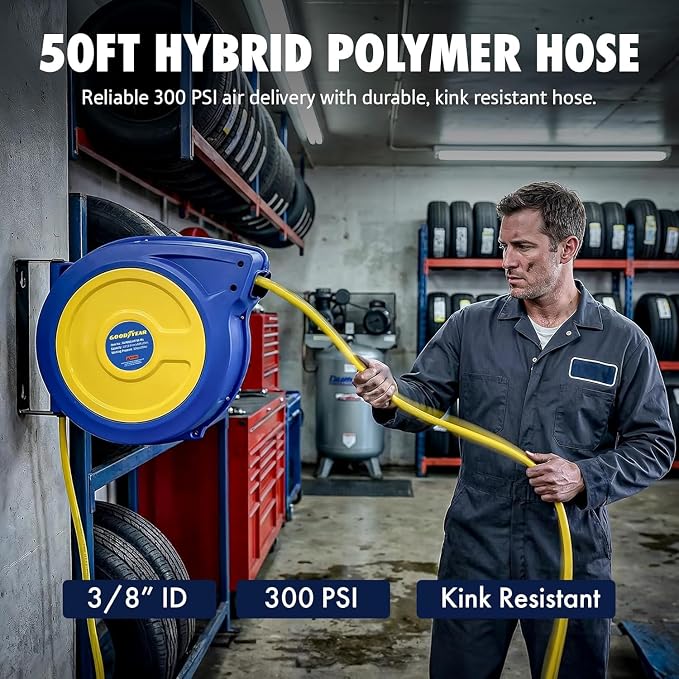 Goodyear Retractable Air Hose Reel with Safety-Speed Control, 3/8" x 50 FT, 300 PSI Hybrid Polymer Hose, Automatic Rewind, Stop-Anywhere Lock, Slow Retraction, Leak-Proof Swivel