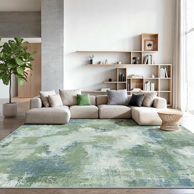 AMADA HOMEFURNISHING 10x14 Area Rugs for Living Room, Modern Large Area Rugs with Non-Slip Backing & Low Pile, Neutral Soft Washable Rug for Large Bedroom Dining Room Nursery Office, Green