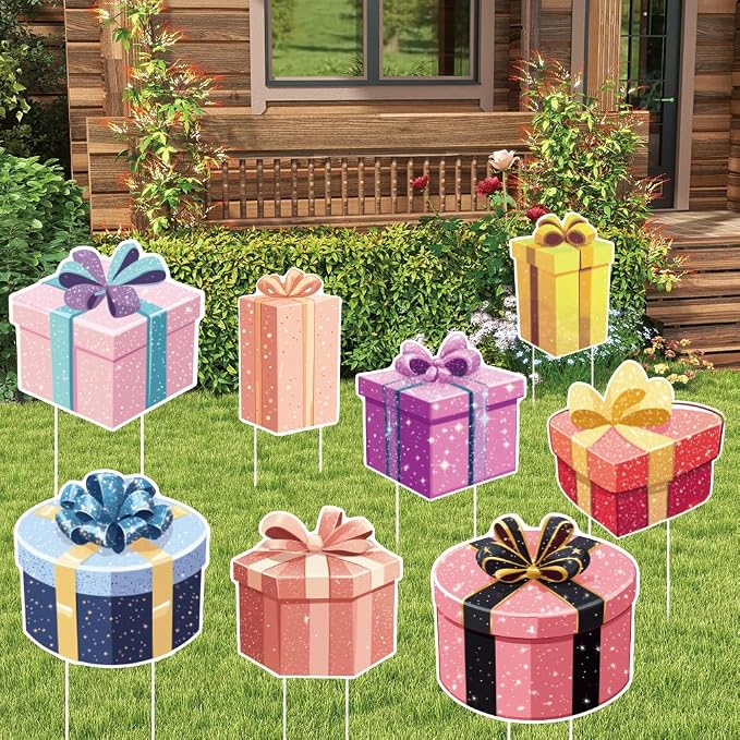 SUPERDANT 8Pcs Gift Boxes Yard Sign with 16 Stakes Gift Party Lawn Decorations Surprise Waterproof Sign for Outdoor Backyard Garden Birthday Decoration