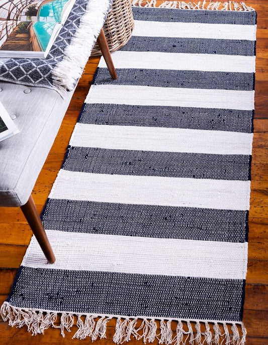 Unique Loom Chindi Rag Collection Area Rug - Striped (2' 7" x 6' 1" Runner, Navy Blue/ Ivory)