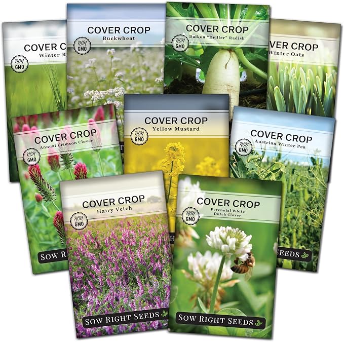 Sow Right Seeds - Cover Crop Collection for Planting - 9 Packets of Popular and Hardy Cover Crops - Suppresses Weeds, Improves Soil, Helps with Erosion - Non-GMO Heirloom Packet to Grow - Great Gift