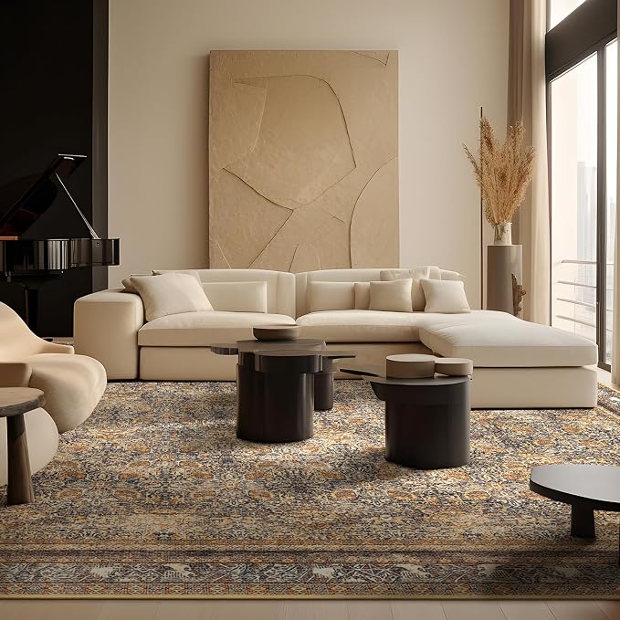 Phantoscope Washable Area Rug 9'x12' Non-Slip, Vintage Neutral Rugs for Living Room, Bedroom, Dining Room, Distressed Boho Floral Medallion Pattern, Low-Pile Foldable Carpet, Brown/Charcoal Spice