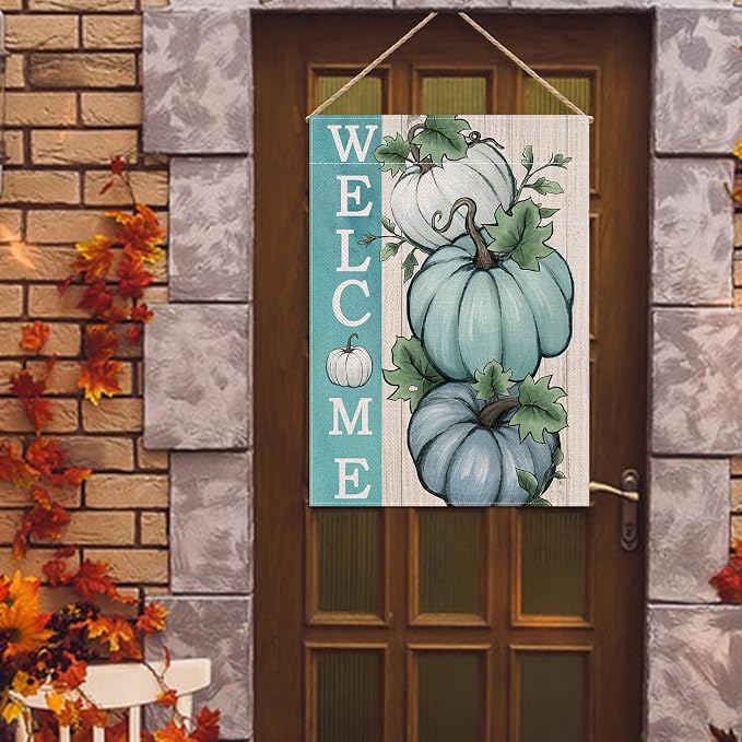 Welcome Fall Teal White Pumpkins Decorative House Flag, Autumn Farmhouse Seasonal Garden Yard Outside Decorations, Thanksgiving Rustic Burlap Outdoor Large Home Decor Double Sided 28 x 40