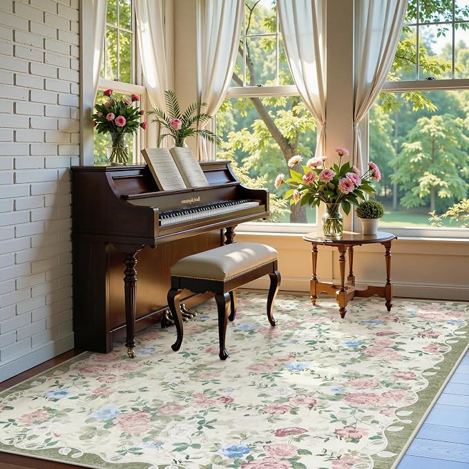Lahome Green Floral Washable Rug 5x7, Boho Area Rug for Bedroom | Vintage Living Room Rugs Non Slip Low Pile Ultra-Thin Large Carpet for Farmhouse Dining Room Kids Playroom Nina (Cream/Green)
