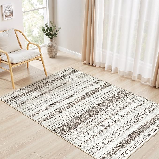 Tortania Area Rug Living Room Rugs - 3x5 Washable Large Soft Neutral Boho Moroccan Bohemian Farmhouse Rug Indoor Floor Carpet for Bedroom Under Dining Table Home Office Decor - Cream Brown