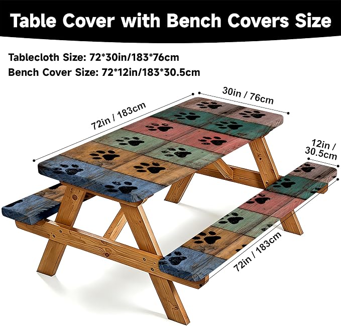 NYZE 3 Pieces Picnic Table Cover with Bench Covers Set, Camping Tablecloth, Tablecloth Cover with Drawstring Bag, Camping Essentials for Outdoor Picnics, Patio, BBQ (Paw Print Wood)
