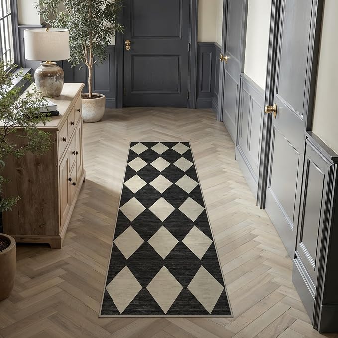 Black 2x6 Washable Runner Rug Kitchen Non Slip Checkered Carpet | Soft, Low Pile, Easy Clean, Diamond Pattern for Hallway, Entryway, Laundry Room, Bathroom, Modern Indoor Decor