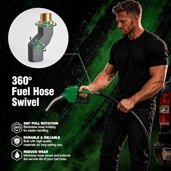 3/4" NPT Auto Shut-Off Fuel Nozzle, Gas Pump Nozzle with 3-Speed Padlock (9-16 GPM) - 360° Swivel Hose for Gasoline, Diesel, Biodiesel B20, E15 & Kerosene (GREEN)