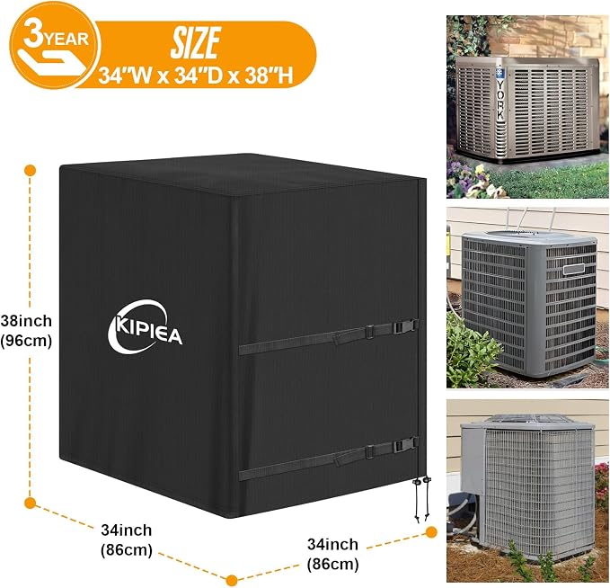 Kipiea Heavy Duty Air Conditioner Cover for Outside Units, Windproof, Anti-UV, Tear & Fade Resistant AC Cover for Winter (34" W x 34" D x 38" H)