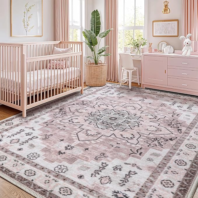 LBRO2M Machine Washable Rug Soft Pet Friendly Carpet 8X10 Pink | Persian Rug 8X10 for Living Room, Bedroom, Dining Room, Home Office, Non Slip Carpet, Foldable Stain Resistant Rugs