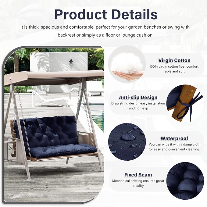 Porch Swing Cushion with Backrest,Waterproof Bench Cushion for Outdoor Furniture,2-3 Seater Replacement Thickened 5 in swing cushion,with Ties,Patio,Outdoor,Backyard and Garden (Navy Blue,47x40 in)