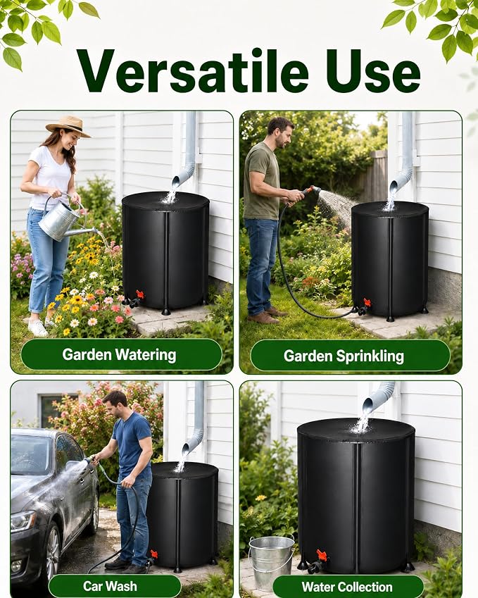 50 Gallon Collapsible Rain Barrel, Rain Water Collection Barrel System Kit, Collapsible Water Tank with Spigot and Overflow Kit, Portable Rain Water Catcher for Garden, Black