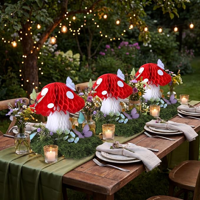 Fairy Garden Accessories Kit Set Include 6 Large 3D Forest Mushroom Honeycomb Table Centerpiece Decor, 20 Fake Flowers Plants, 3.5oz Moss, 36 Butterflies for Fairy Garden Birthday Party Decor