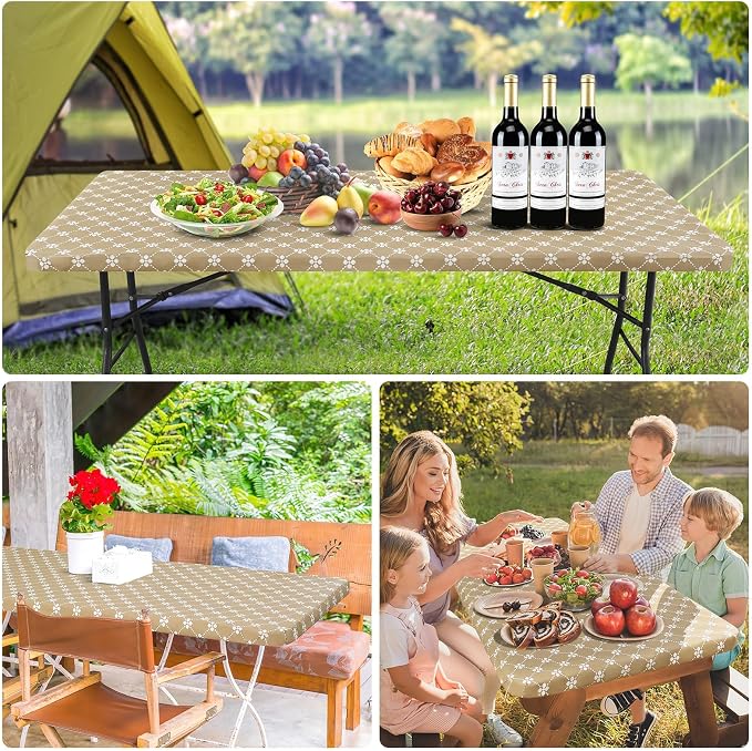misaya Rectangle Vinyl Table Cloth, Elastic Fitted Tablecloth with Flannel Backing, Waterproof Plastic Table Cover Fits 6 Foot Folding Tables for Picnic, Camping, Indoor and Outdoor (Khaki, 30" x 72")