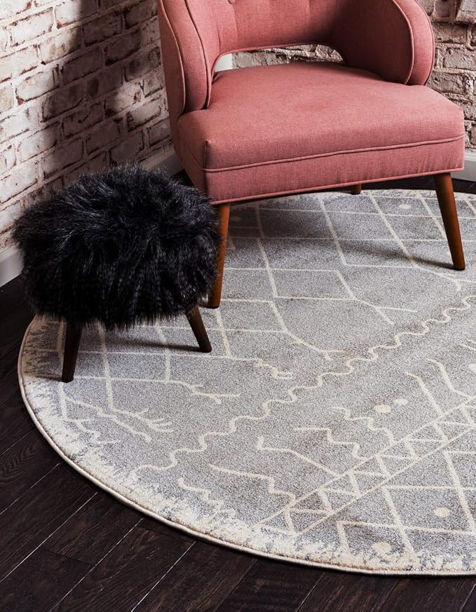 Unique Loom Fez Collection Tribal, Moroccan, Bohemian Area Rug (8' 0 x 8' 0 Round, Gray/ Beige)