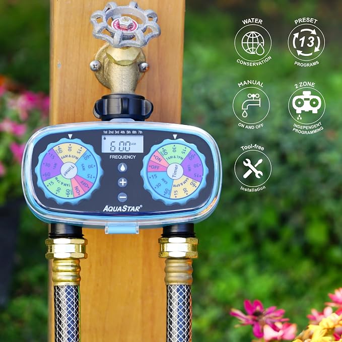 AQUASTAR Two-Zone Hose Watering Timer (Blue), Automatic Irrigation for Lawn, Garden, Yard, Two Outlets