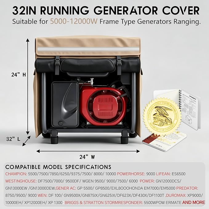 2025 Upgrade, Generator Covers While Running, 900D+210D Double Layer Production, Heavy Duty Dustproof and Waterproof Generator Covers, for 5000W-10000W Frame Generators, khaki, with Storage Bag