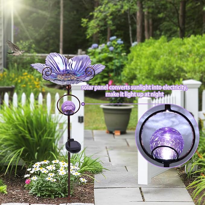 MUMTOP Glass Bird Baths for Outdoors, Flower Bird Baths Bowl with Solar Crackle Glass Globe Lights Decorations and Metal Stake for Outdoor Garden Yard Lawn Outside, Purple