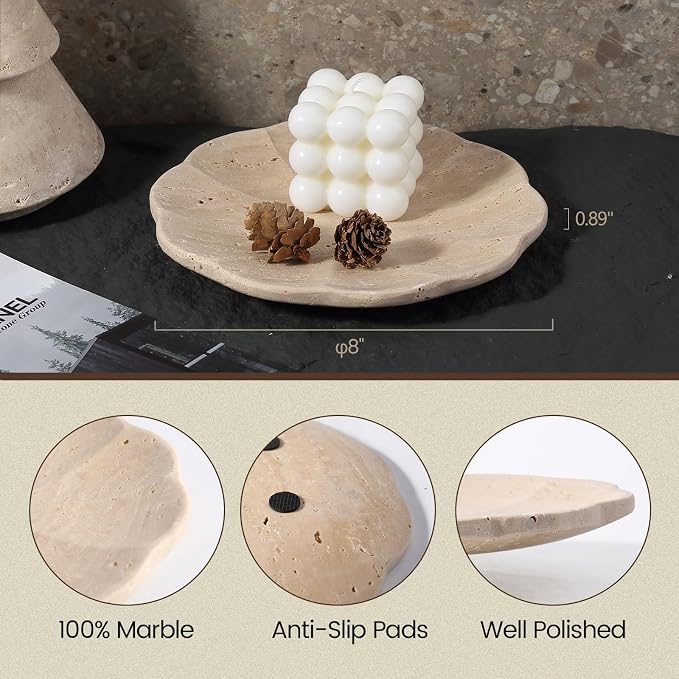 Koville Travertine Tray, 8" Round Marble Vanity Tray for Jewelry Trinket Perfume, Natural Stone Tray for Bathroom Kitchen Dresser Countertop, Scalloped Decorative Tray for Home Table Decor(Beige)