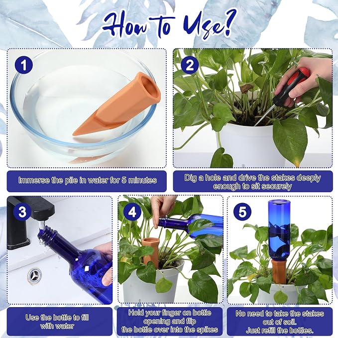 SiliFine 6 Sets Plant Watering Devices Include Terracotta Self Watering Spikes and 26 oz Plastic Bottles, Slow Release Vacation Insert Automatic Plant Waterer Device (Blue Green and Terracotta)