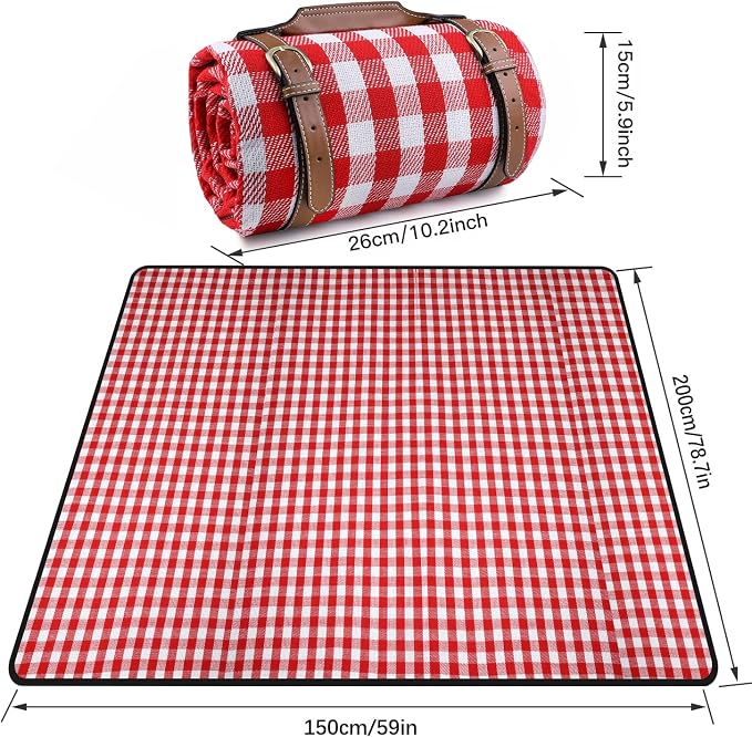 Extra Large Picnic Blanket, 80"x60" Waterproof Sandproof Beach Mat, Soft Foldable Outdoor Camping Mat with PU Carrier, Red White Plaid Portable Mat for Lawn, Grass, Travel & Park