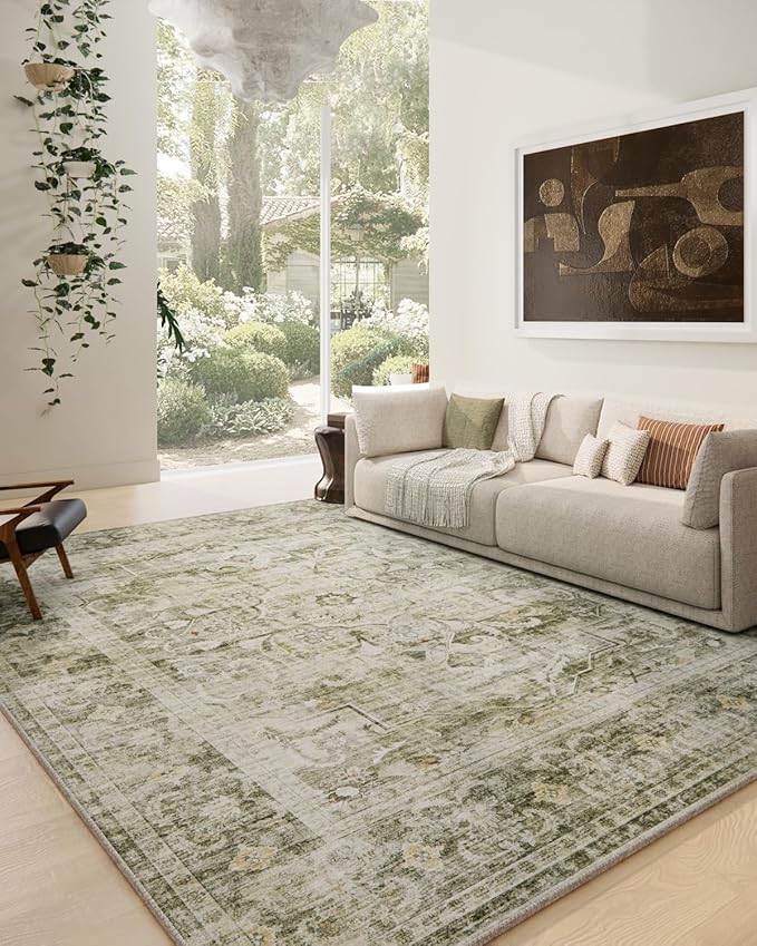 8x10 Washable Rugs for Living Room: Large Area Rug for Bedroom Non Slip Low Pile Soft Faux Wool Non Shedding Vintage Boho Carpet Rugs for Dining Room Kitchen Nursery Under Table Farmhouse Home Office