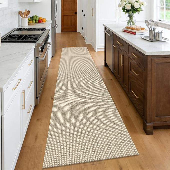 KOZYFLY Cotton Runners Rugs for Hallway 2.5'x10', Washable Runner Rug, Woven Non Slip Kitchen Runner, Braided Entryway Rug, Floor Carpet for Entry, Aisle, Hall, Ivory/Camel/Brown
