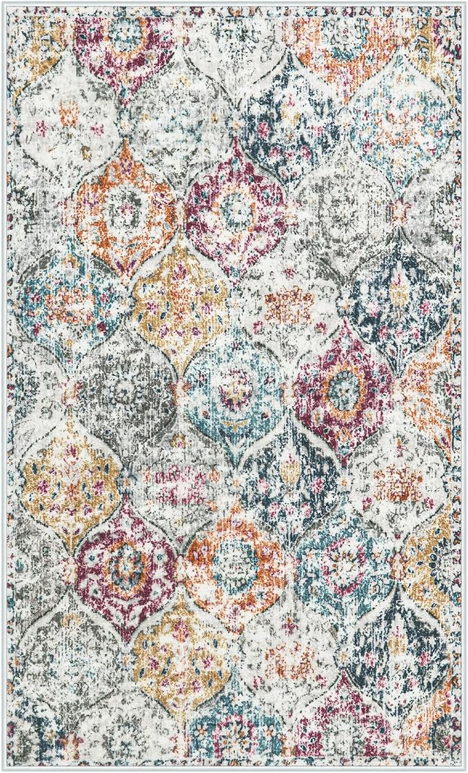 Lahome Moroccan Small Washable Area Rug, 3x5 Rug for Bedroom Living Room | Trellis Non-Slip Oriental Accent Throw Carpet for Kitchen Office Entryway Bathroom Office Elise Aqua/Multi