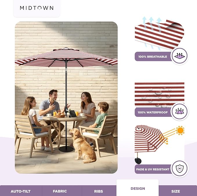 MIDTOWN UMBRELLAS The Lean 9 Feet Outdoor Umbrella With Terylast Red Stripes (Red/White Stripes) Polyester Fabric - 8 Ribs Aluminum Frame Patio Umbrella With Zinc Alloy Crank Lift And Auto-Tilt System