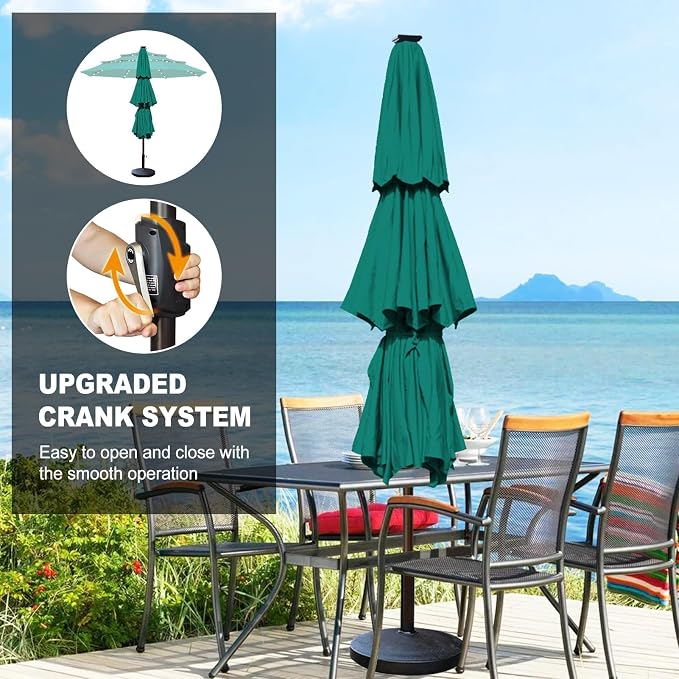 Eurmax USA 10-Year-Non-Fading 10FT 3-Tier Outdoor Patio Market Umbrella with LED Lights,UPF50+ UV Resistant,Commercial Grade,Crank Lift Design,Windproof Vented Top for Garden,Pool,Deck,Teal