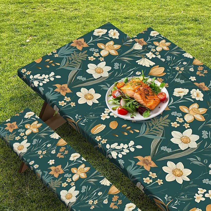 Picnic Table Cover with Bench Covers Elastic Edges, Floral Botanical Camper Fitted Table Cover, Outdoor Camping Essentials 72 Inch 3PCS, Waterproof Camping Fitted Tablecloth with Drawstring Bag