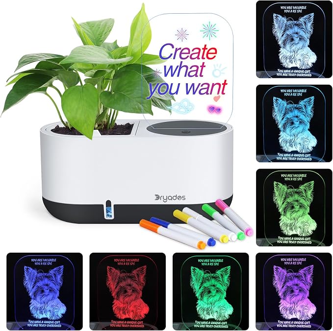 Planter with LED Note Board & 7 Colors Pen, Led Acrylic Message Board with Planter,Dog Board Night Light with Planting Pot for Mother's Day/Children's Day Gifts(No Plant)