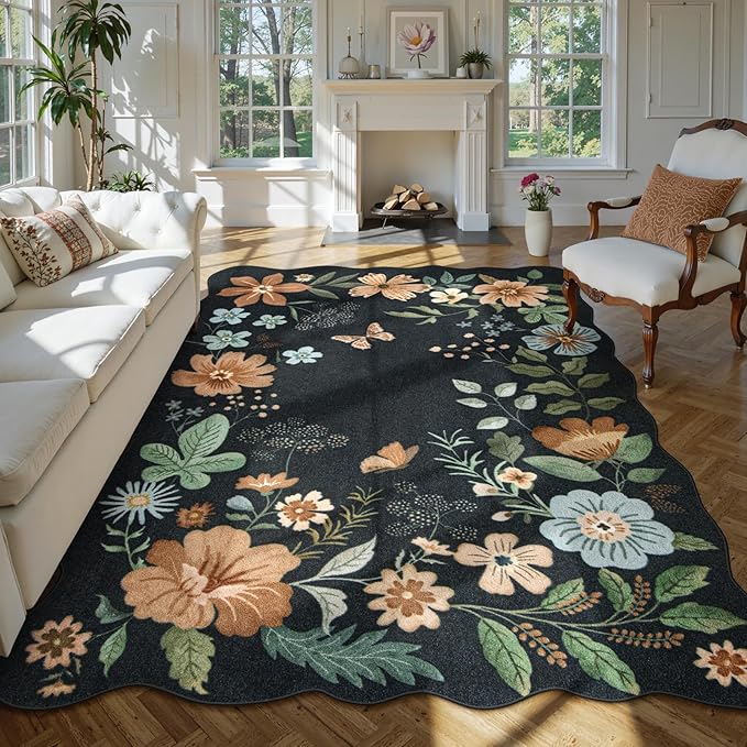 Lahome Floral Washable 6x9 Area Rugs, Soft Bedroom Rug for Living Room | Ultra-Thin Non Slip Dining Room Rug Stain Resistant Boho Throw Carpet for Office Flore (6'x9', Black/Grey)