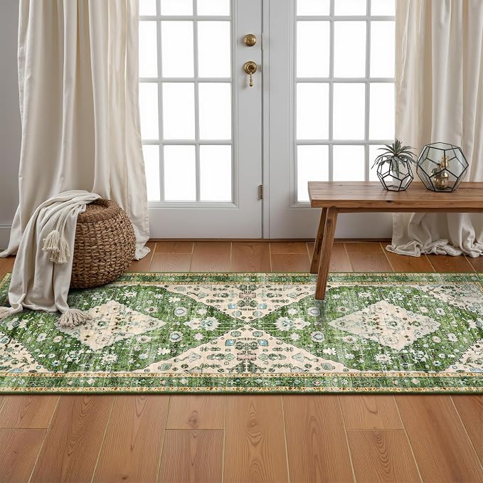 Lahome Felice Boho Runner Rugs 2x5 Green Kitchen Runner Rugs Non Skid Washable, Tribal Vintage Soft Machine Washable Non-Shedding Indoor Runners for Bedroom Hallway Bathroom Decor