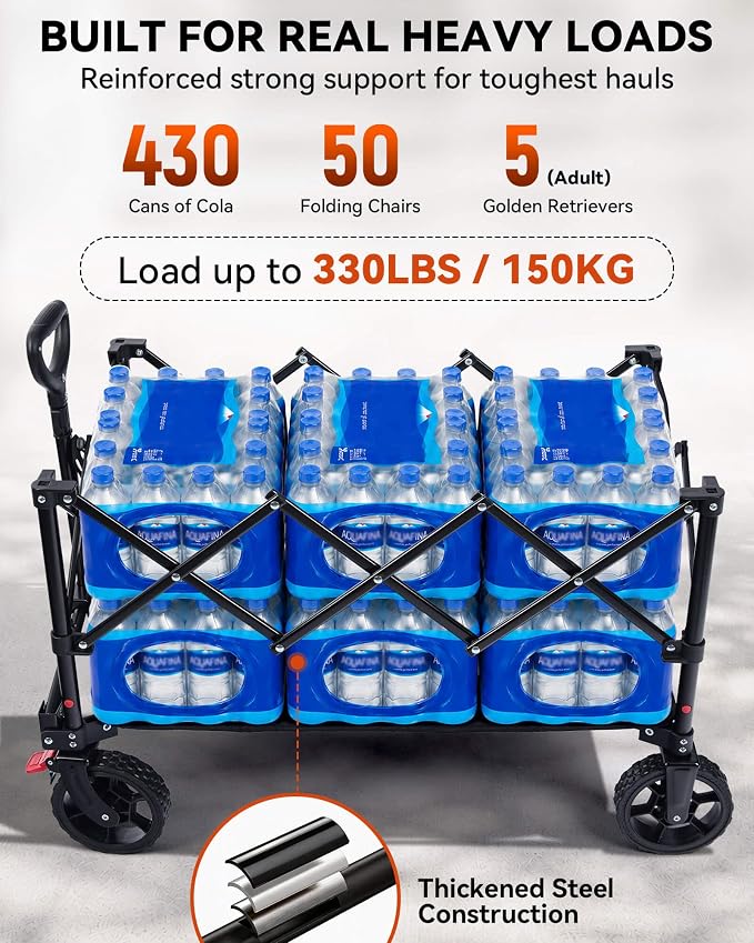 Hikenture Wagons Carts Foldable 330LBS, Heavy Duty Collapsible Wagon | Utility Wagon for Grocery, Garden, Camping & Sports Gear; One-Hand Fold; 360-Degree Wheels; Built-In Wheel Brake