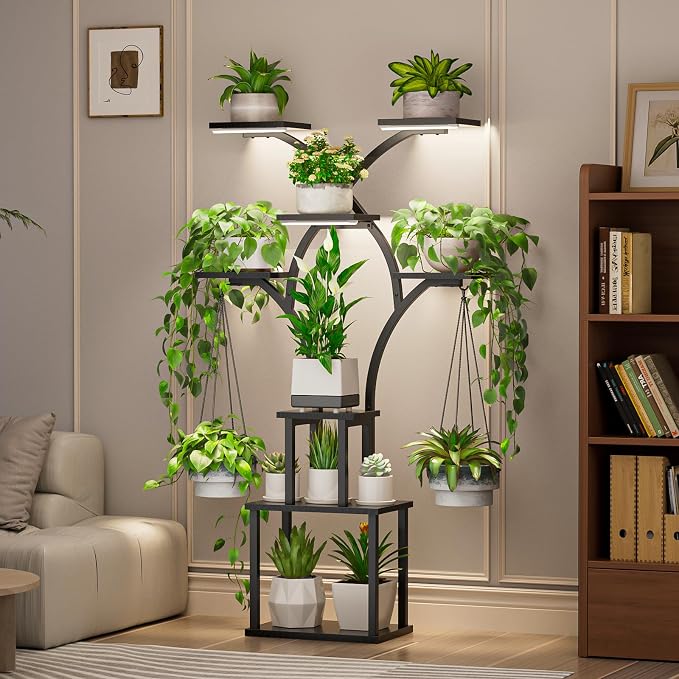 Elbourn 8 Tiered 60" Tall Plant Stand Indoor Shelf with Grow Lights (Black) | Corner Shelf Decor