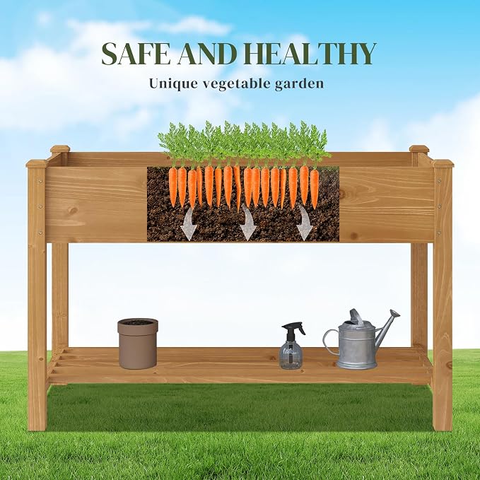 PL 48x24x30.5IN Raised Garden Bed with Legs Elevated Wooden Planter Box Stand Large Planter Stand Box for Fruits Vegetables Flowers Herbs w/Divider Liner (Brown-M)