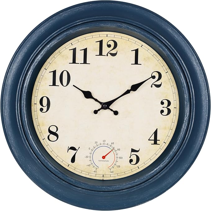 Large Outdoor Clocks Waterproof with Thermometer Combo Rustic Coastal Wall Clock Decor for Patio Pool Bathroom (18 Inch,Blue)